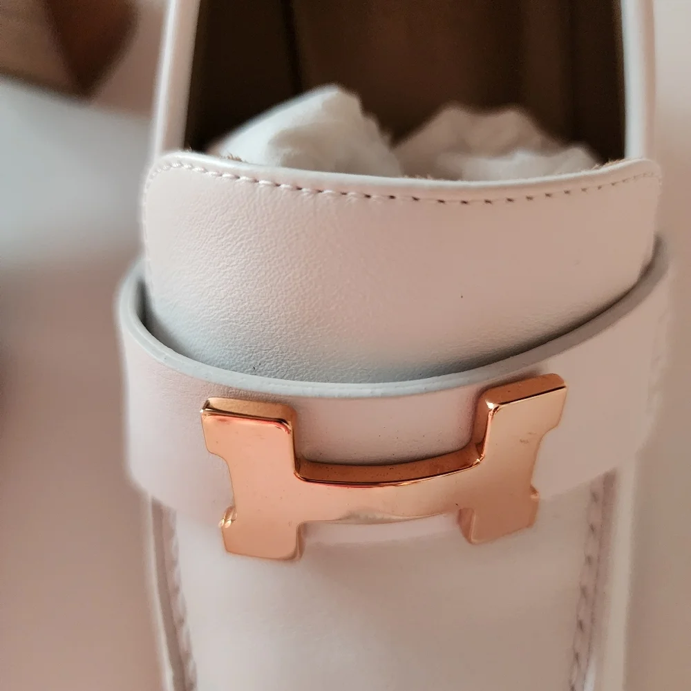 Hermès Dauphine 70 Loafer Blanc Calfskin with Rose Gold-plated Buckle sz 37.5 - Picture 6 of 16
